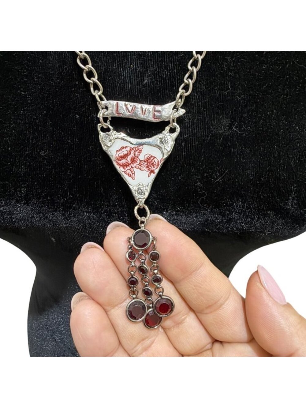 Repurposed Porcelain Love Banner Necklace - Vintage Garnet Tassel - Silver Chain - Picture 10 of 15